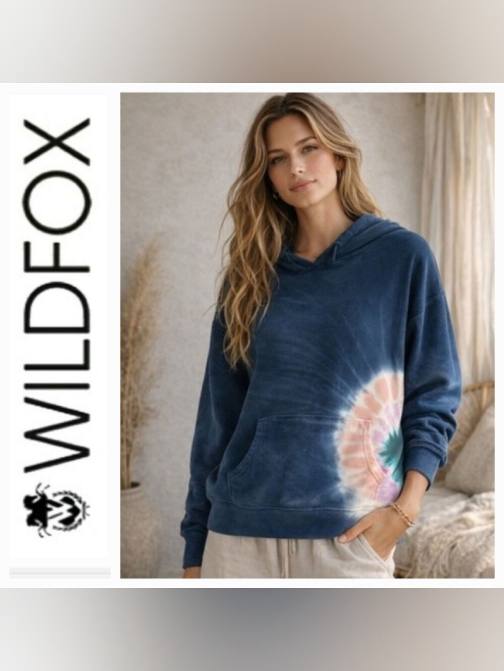 WILDFOX Hadley Hoodie Navy Blue French Terry Relaxed Fit Tie-Dye S NWT Lounge